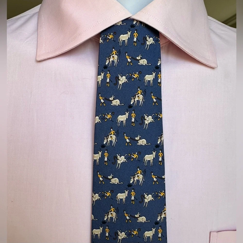 Hermes . Blue Tie with Donkey and Jockey Print. Made it France. 100% silk. - Picture 1 of 11